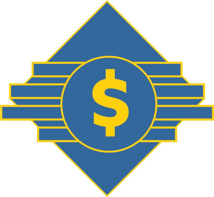 A stack of cash is wrapped in a bond with a circular image on it. The image is a yellow dollar sign. The background is a blue diamond with a yellow border.