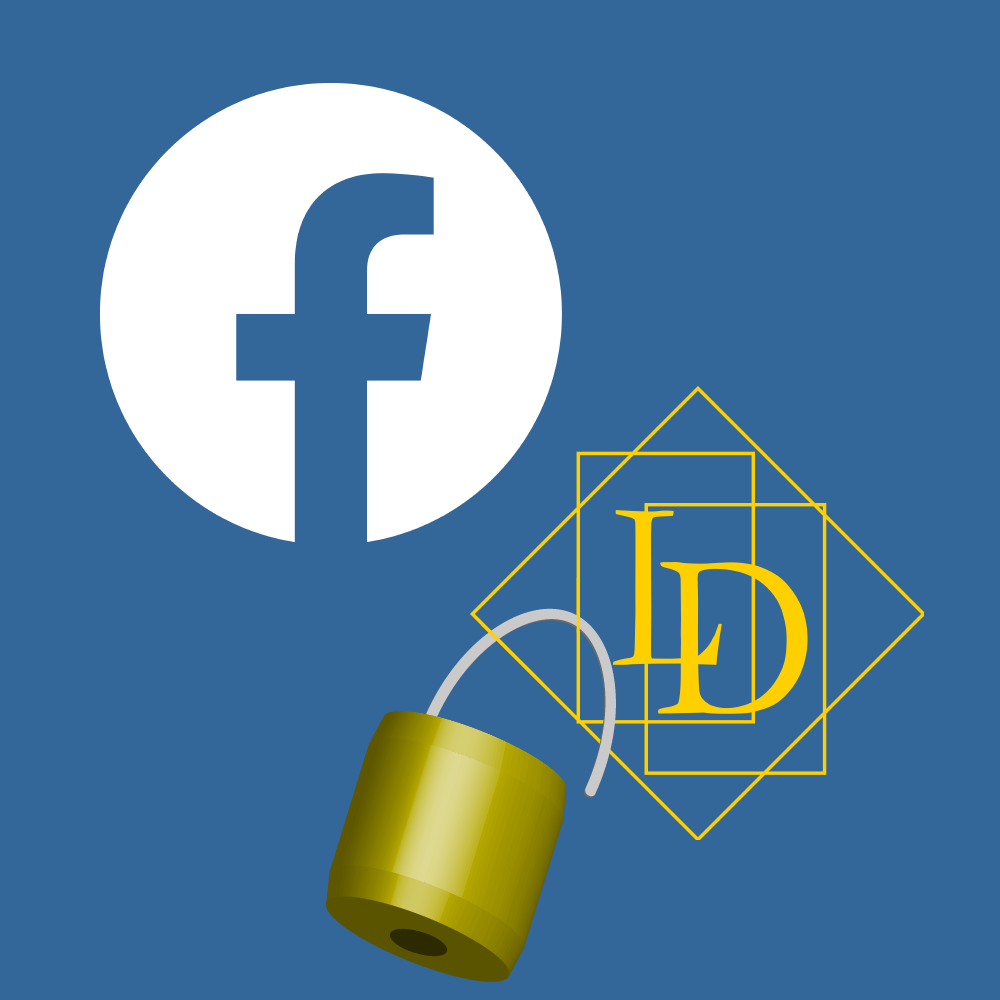 The negative Facebook logo - a cut out of an 'f' inside of a white circle, sits in the top left quadrant. Diagonally below it is the Logical Developments logo in gold. The Logical Developments logo which is a diamond with the letters L and D inside of it. The letters are offset from each other vertically while also overlapping horizontally. The each sit inside of their own rectangle. Clipping through the Logical Developments logo is a brass padlock. The background is blue.