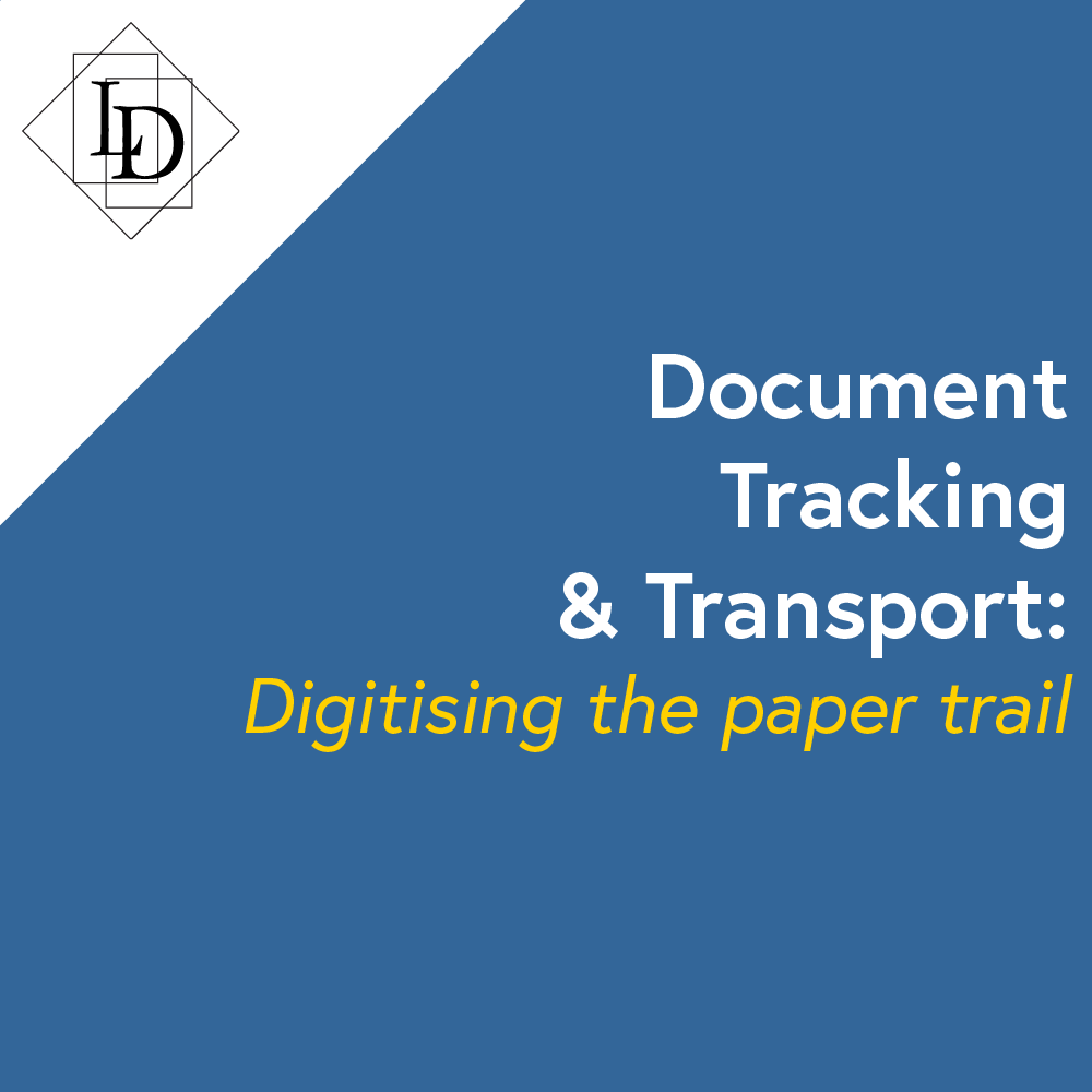 The thumbnail is a blue card with the Logical Developments logo which is a diamond with the letters L and D inside of it. The letters are offset from each other vertically while also overlapping horizontally. The each sit inside of their own rectangle. In the centre is the title, "Document Tracking in the Transport Industry".