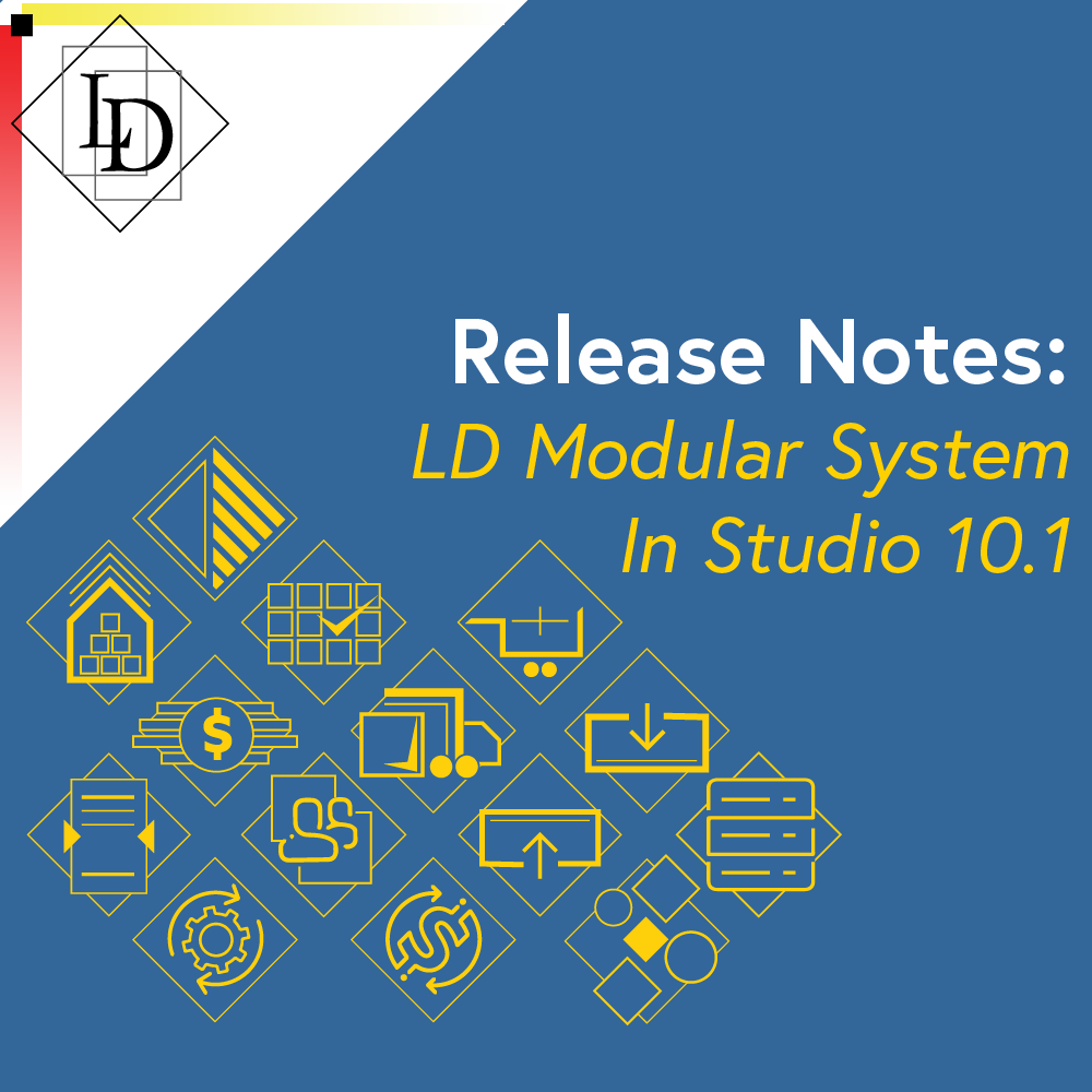 The thumbnail shows the logo of every module that has received updates in the Omnis 10.1 environment. In the middle right is the title of the article, "Release Notes: LD Modular System in Omnis Studio 10.1". In the top left is the Logical Developments logo which is a diamond with the letters L and D inside of it. The letters are offset from each other vertically while also overlapping horizontally. The each sit inside of their own rectangle.