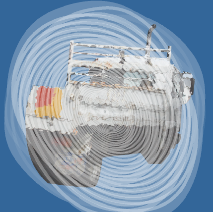 A picture of a Medium Rigid truck facing away from the camera. The truck is inside 'a portal' made up of  overlapping and swirling circles.