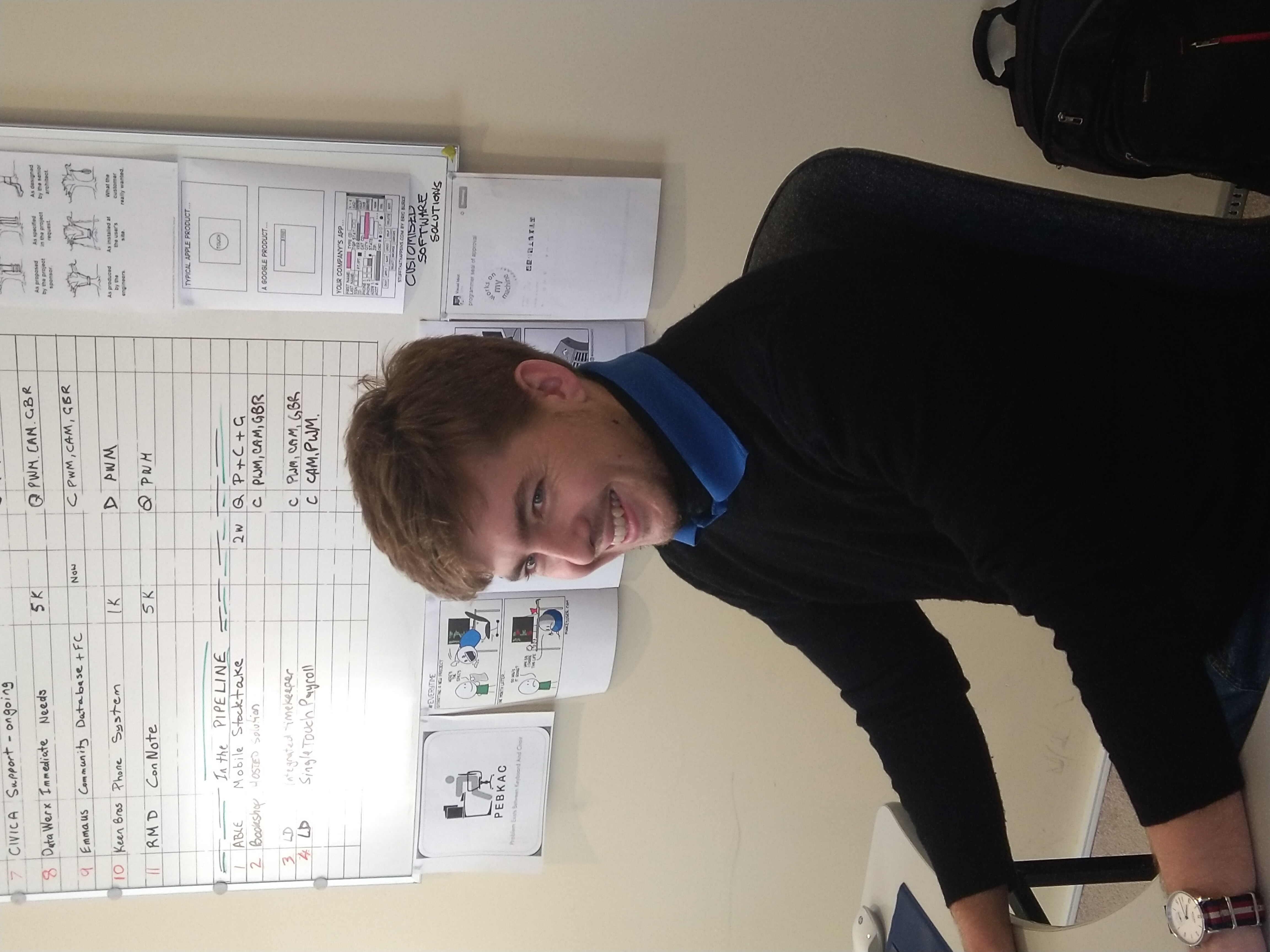 Aaron is sitting at his desk. His posture towards his computer, he faces the camera smiling. He's wearing a black jumper and neck warmer. A white board is behind him.